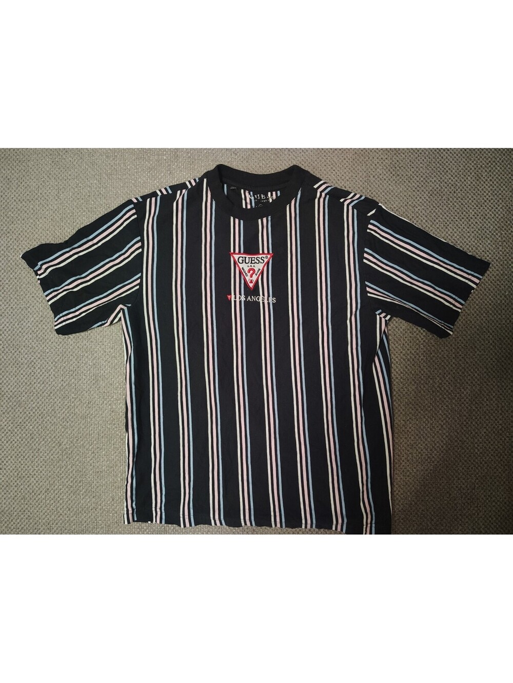 Guess Los Angeles Striped T Shirt Mens Medium M Embroidered Triangle Logo Retro